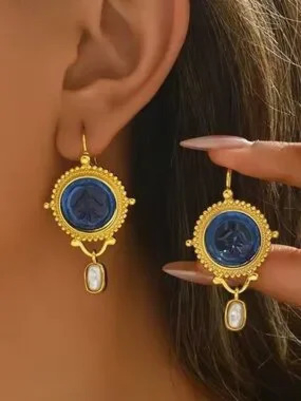 Earrings Blue Pearl Gold Vintage